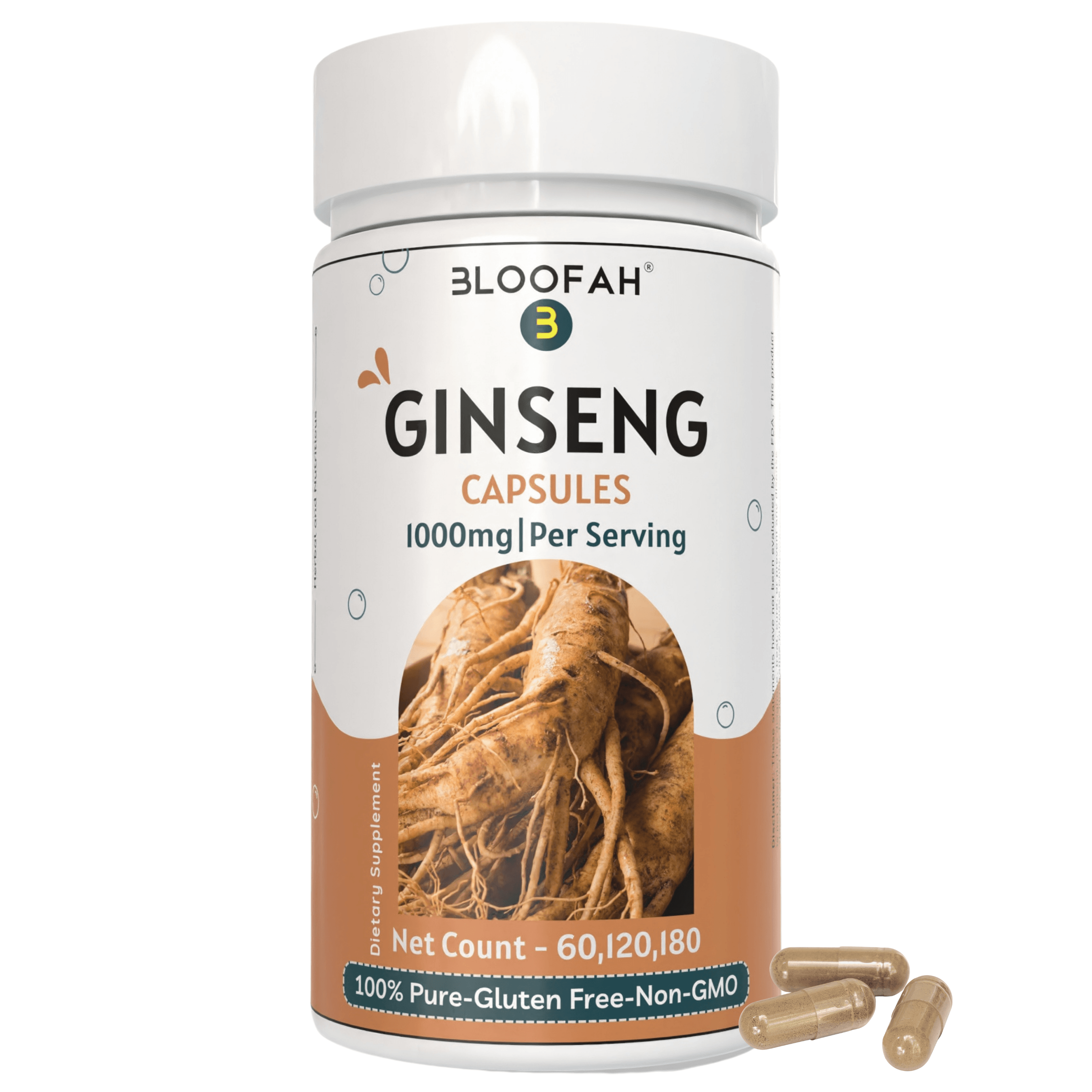 Bloofah Ginseng Capsules 1000mg | Natural Clean Supplement | 100% Pure Ginseng Root Powder Extra Strength, Non-GMO, Gluten-Free Formula Herbal Supplement for Overall Health - Bloofah