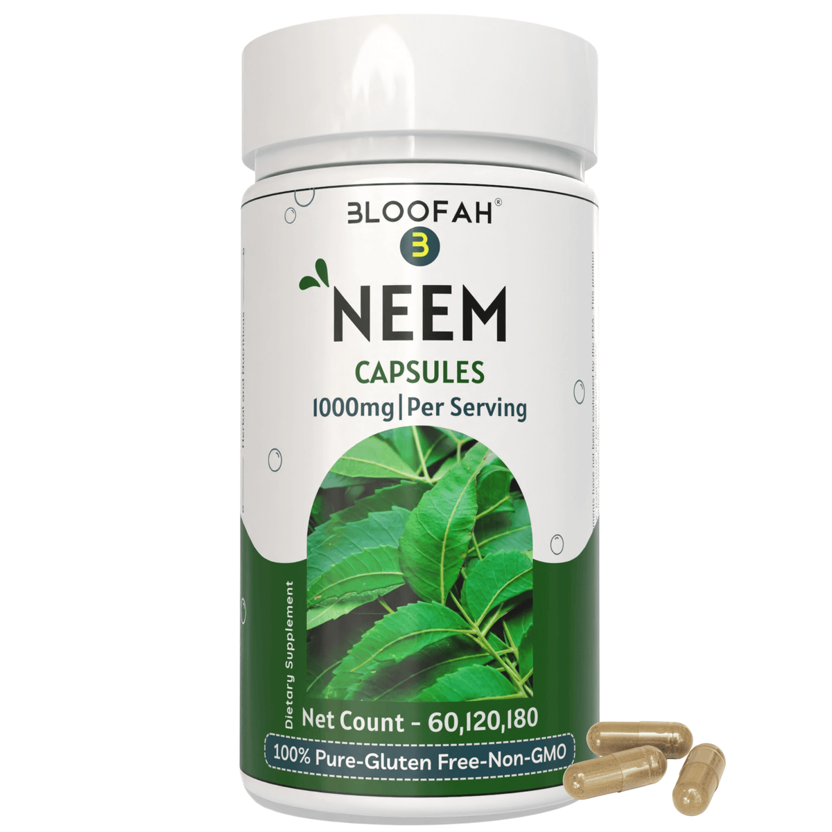 Bloofah Neem Leaf Powder Capsules 1000mg (Azadirachta Indica) Herbal Supplement for Natural Wellness, Non-GMO, Gluten-Free, 100% Pure Neem Leaf Powder For Overall Health - Bloofah