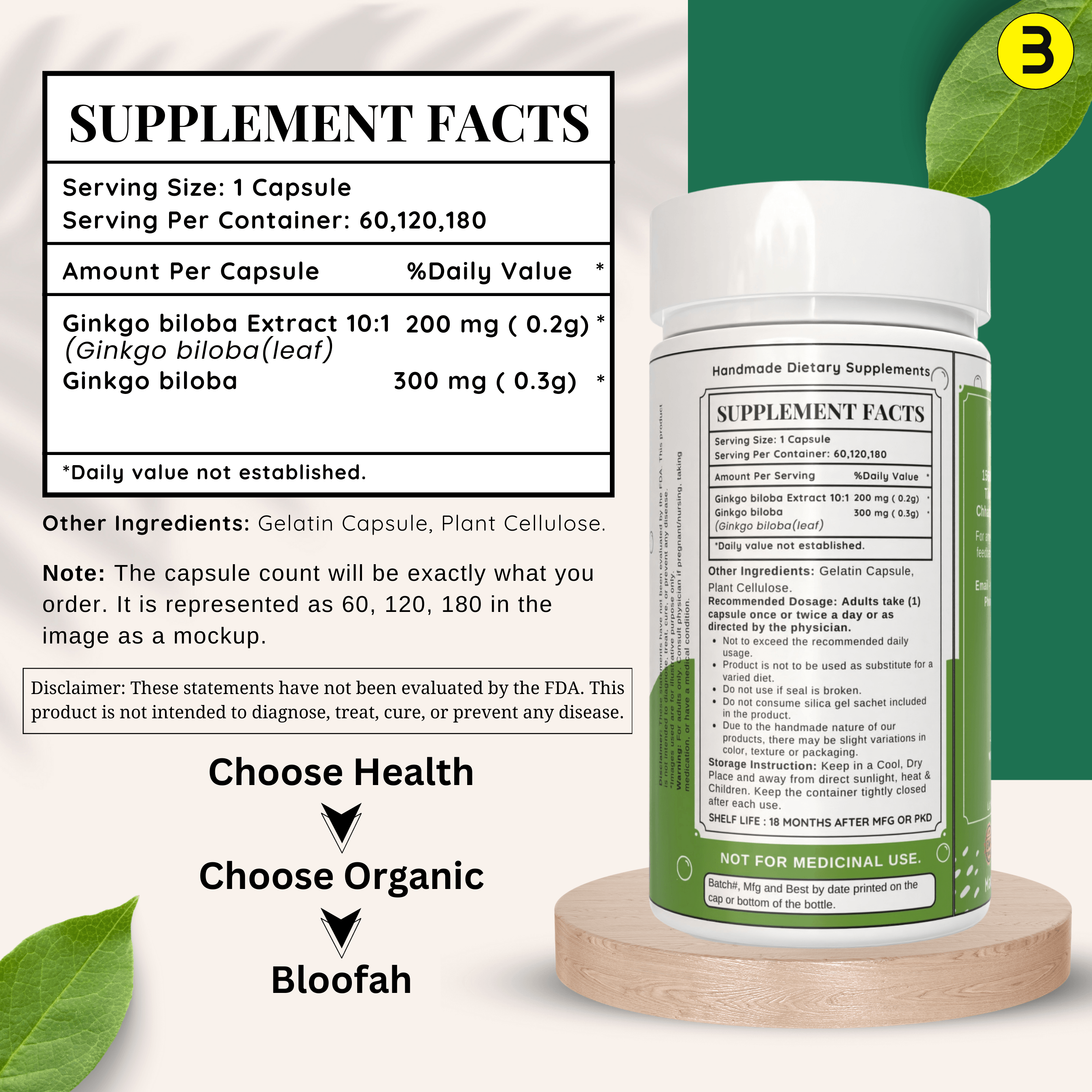 Bloofah Ginkgo Biloba Leaf Capsules 2300mg | 100% Pure Ginkgo Biloba Leaf Extract 10:1 & Powder | Non-GMO, Gluten Free Formula Health Supplement for Overall Wellbeing - Bloofah