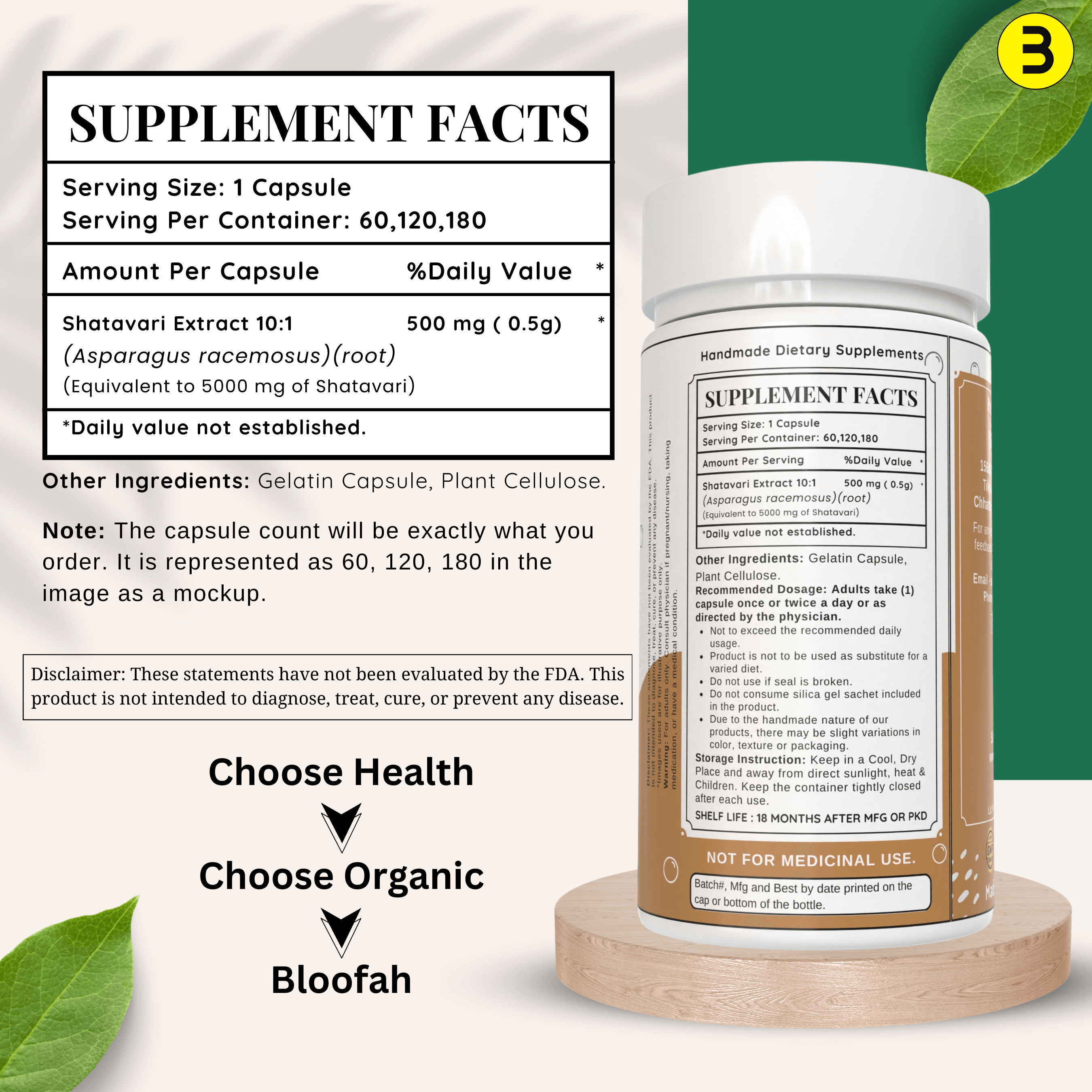 Bloofah Shatavari Root Capsules 500mg | 10:1 Extract Powder Per Serving 5000mg | Premium Herbal Supplement | Natural Asparagus racemosus for General Vitality | Non-GMO, Gluten-Free - Bloofah