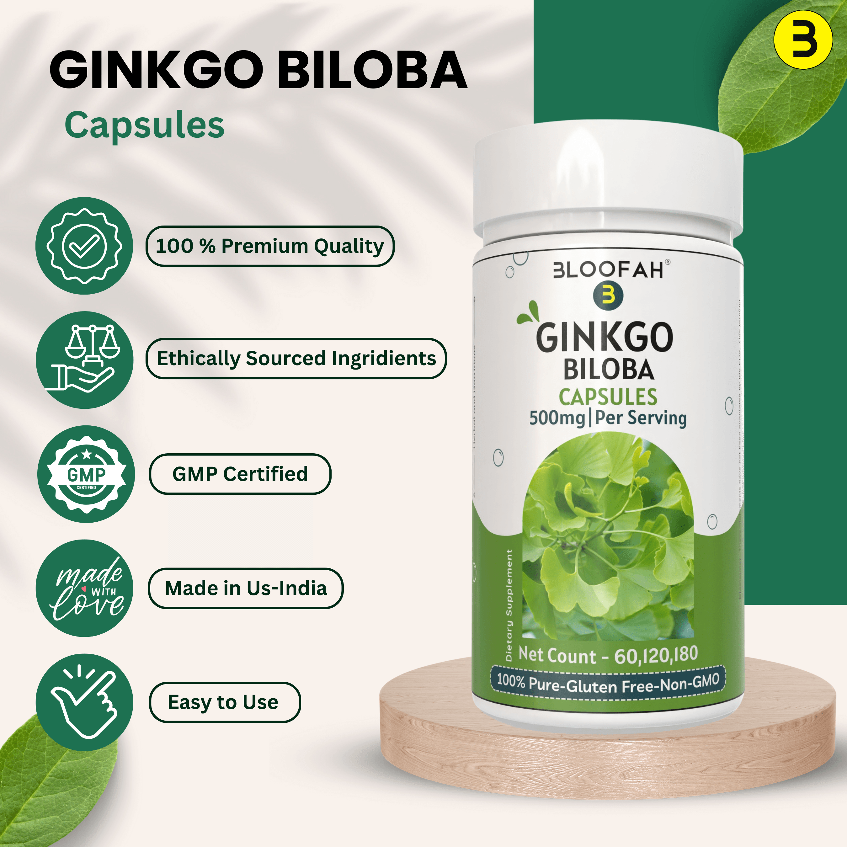 Bloofah Ginkgo Biloba Leaf Capsules 2300mg | 100% Pure Ginkgo Biloba Leaf Extract 10:1 & Powder | Non-GMO, Gluten Free Formula Health Supplement for Overall Wellbeing - Bloofah