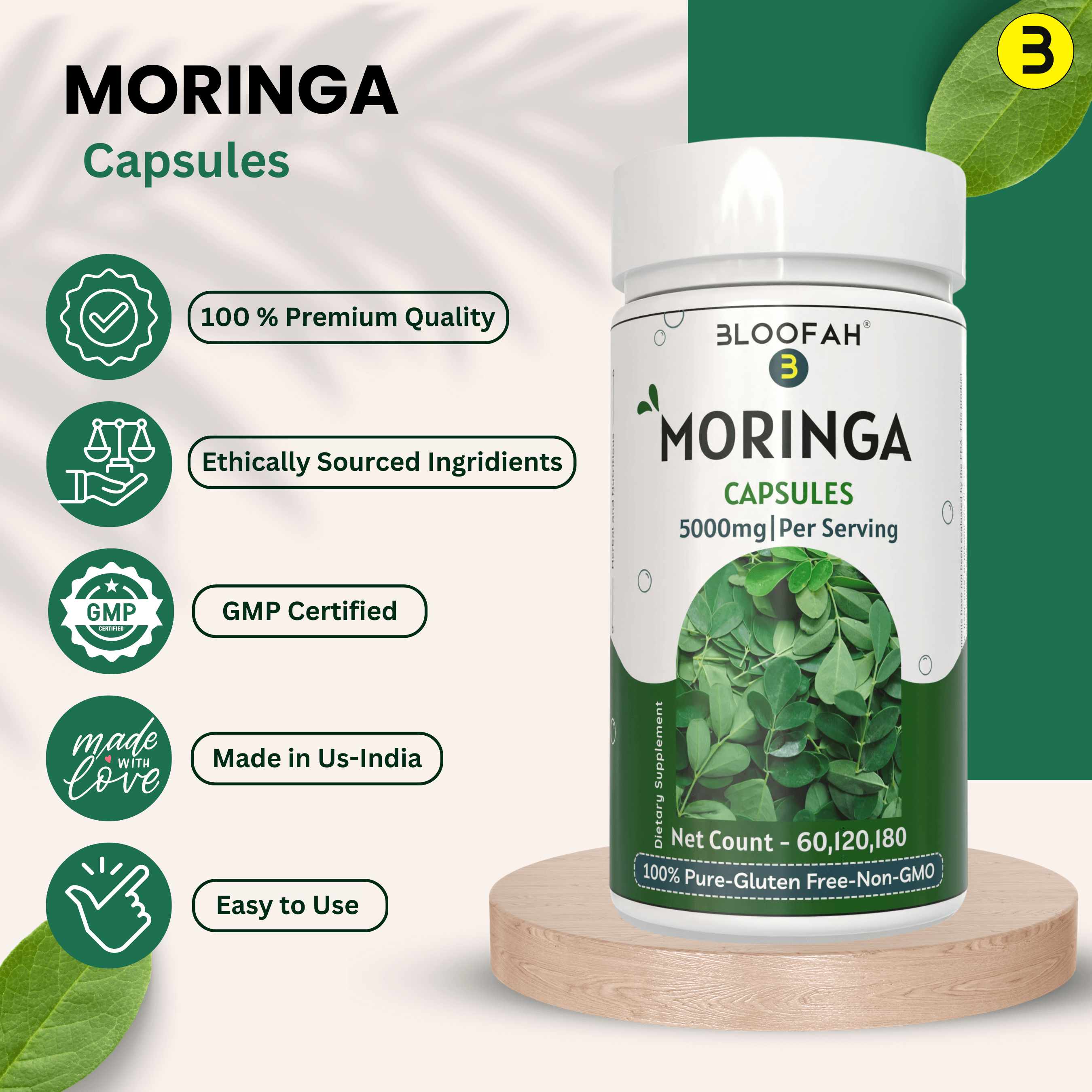 Bloofah Moringa Capsules 5000mg | Natural Superfood Supplement for Vitality | 100% Pure Moringa Oleifera Leaf Extract 10:1 Powder | Nutrient-Rich Vegetarian Green Superfood - Bloofah