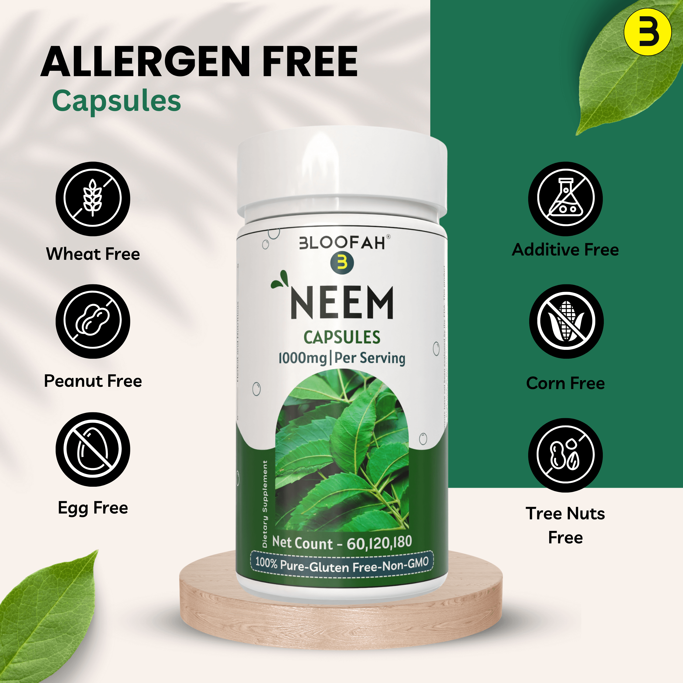 Bloofah Neem Leaf Powder Capsules 1000mg (Azadirachta Indica) Herbal Supplement for Natural Wellness, Non-GMO, Gluten-Free, 100% Pure Neem Leaf Powder For Overall Health - Bloofah